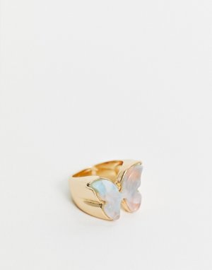 Золотистое броское кольцо с бабочкой из смолы -Голубой DesignB London
