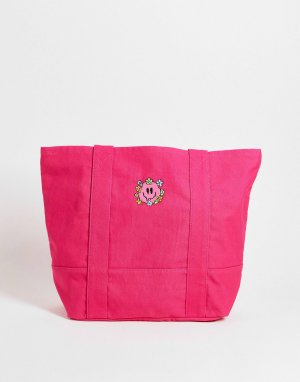 Ярко-розовая большая сумка-тоут ASOS DESIGN из плотного хлопка с вышивкой в ​​виде улыбки - BPINK