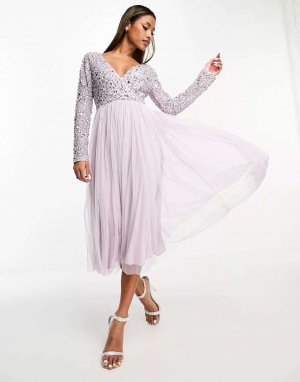 Сиреневое платье миди с длинными рукавами и украшением Bridesmaid Beauut