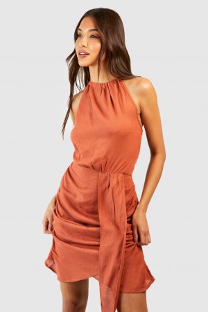 Льняное мини-пляжное платье с вырезом через шею и драпировкой boohoo, оранжевый Boohoo