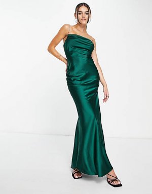 Зеленое атласное платье макси London с бретелями из бриллиантов Rare