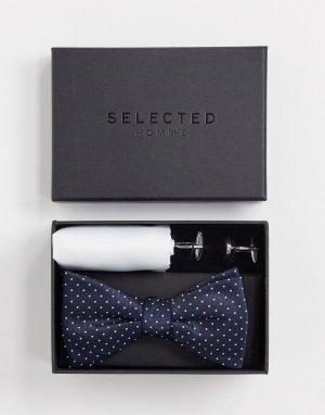 Подарочный набор из темно-синего галстука-бабочки, платка для нагрудного кармана и запонок -Темно-синий Selected Homme