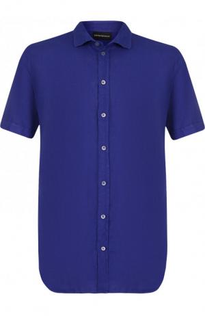 Льняная рубашка с короткими рукавами Emporio Armani. Цвет: синий