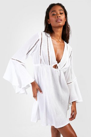 Пляжное мини-платье с завязками и оборками на рукавах boohoo, белый Boohoo