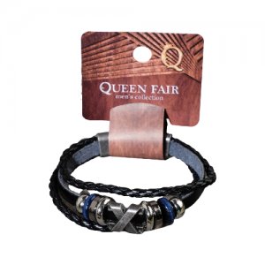 Браслет , дерево, металл, кожа, размер 21.5 см, черный, серебряный Queen Fair. Цвет: черный/серебристый/синий