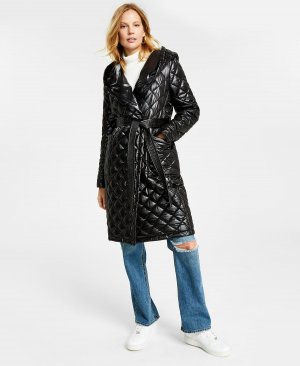 Женское стеганое пальто с капюшоном и поясом , черный Michael Kors