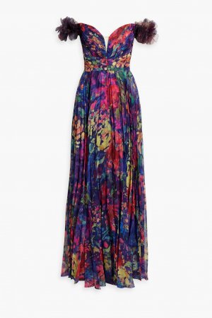 Шифоновое платье с открытыми плечами и плиссировкой цветочным принтом MARCHESA NOTTE, синий Notte