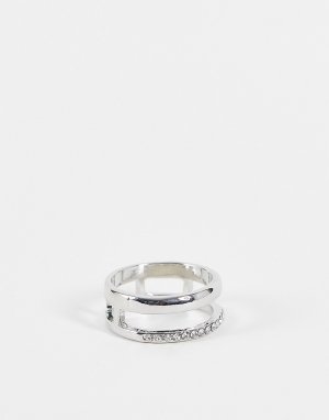 Серебристое кольцо с параллельным дизайном и мозаичной отделкой -Серебряный DesignB London Curve