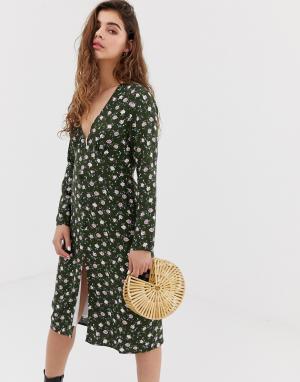 Чайное платье миди с длинными рукавами и винтажным цветочным принтом -Зеленый Wild Honey