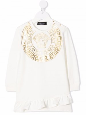 Платье-свитер с логотипом Medusa Versace Kids. Цвет: белый