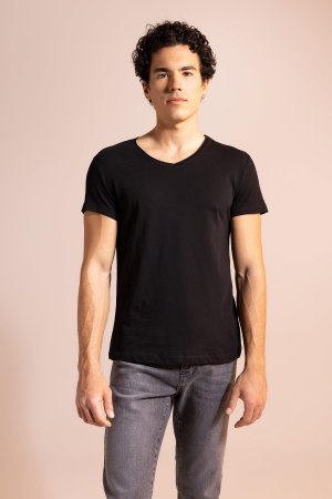 Облегающая футболка из 100% хлопка с V-образным вырезом, черный DeFacto