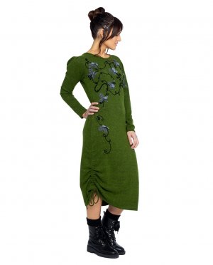 Платье миди с длинными рукавами и вышивкой спереди , зеленый Mamatayoe