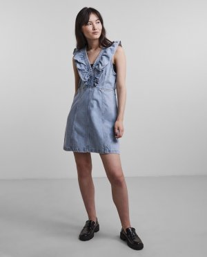 Короткое джинсовое платье с V-образным вырезом, светло-синий Pieces