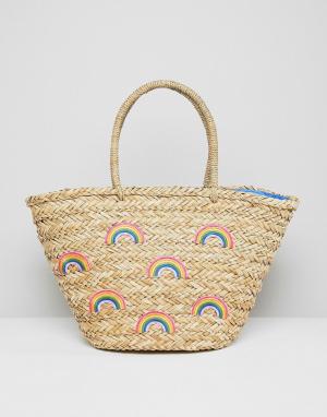 Пляжная соломенная сумка с разноцветным принтом Chateau. Цвет: бежевый