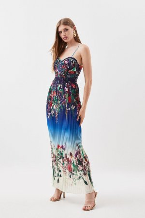 Тканое платье миди с длинными складками и цветочными бретелями, синий Karen Millen