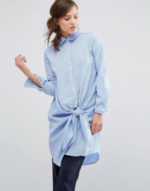 Платье-рубашка в тонкую полоску с завязкой спереди Parallel Lines. Цвет: синий