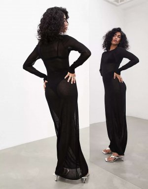 Черное прозрачное трикотажное платье макси с длинными рукавами ASOS