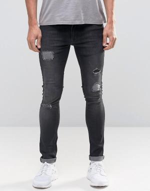 Черные выбеленные рваные джинсы с заплатками Denim Kubban. Цвет: черный