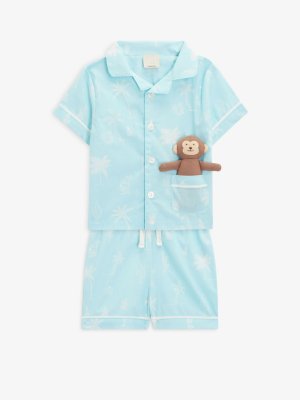 Короткая пижама с принтом пустыни и мягкой игрушкой обезьянки светло-голубого цвета John Lewis