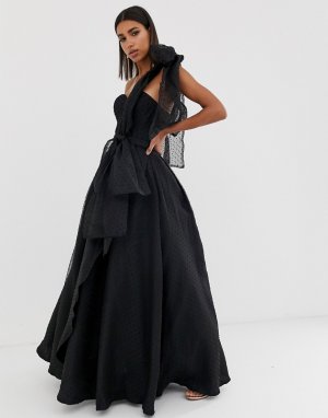 Черное пышное платье макси для выпускного из органзы на одно плечо и со съемным бантом -Черный Bariano