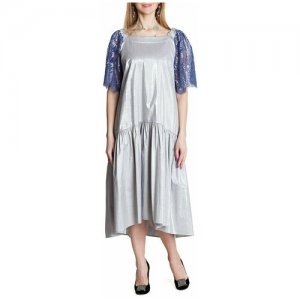 Платье-сарафан из серебристого хлопка с кружевом Iya Yots. Цвет: серебристый