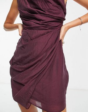Платье мини с драпировкой и юбкой запахом ASOS DESIGN из фактурной ткани фиолетового цвета