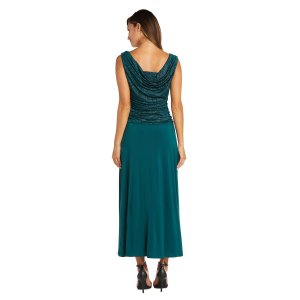 Женское длинное платье из жаккардовой вязки и джерси с блестками лифом со сборками , темно-синий R&M Richards