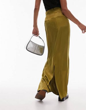 Оливковая атласная юбка макси с завышенной талией Topshop