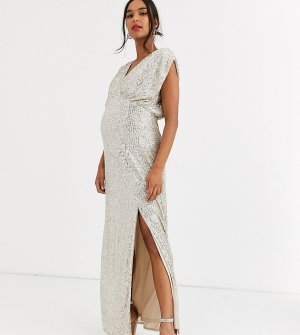 Серебристое платье макси с запахом и пайетками -Серебряный TFNC Maternity