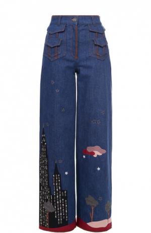 Широкие джинсы с завышенной талией и контрастной отделкой Valentino. Цвет: голубой