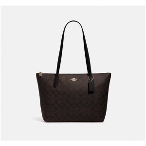 Сумка Coach коричневый шоппер в монограмму 4455 Signature Zip Tote handbag Brown / Black. Цвет: коричневый