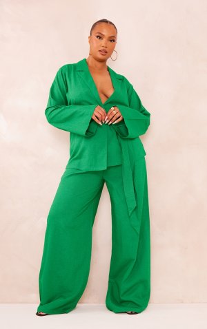 Ярко-зеленые льняные брюки прямого кроя Plus PrettyLittleThing