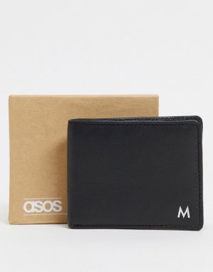 Черный кожаный бумажник с серебристым инициалом M -Черный цвет ASOS DESIGN