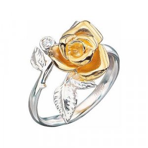 Перстень Роза К-14020, белое, желтое, комбинированное золото, 585 проба, родирование, бриллиант, размер 18, белый, желтый Альдзена. Цвет: белый/желтый