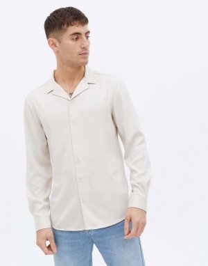 Светлая атласная рубашка с отложным воротником и длинными рукавами -Белый New Look