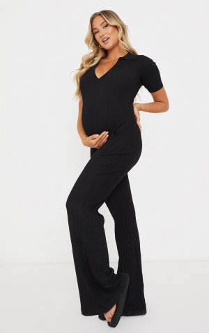 Черный вязаный комбинезон-поло в рубчик с короткими рукавами и широкими штанинами для беременных PrettyLittleThing