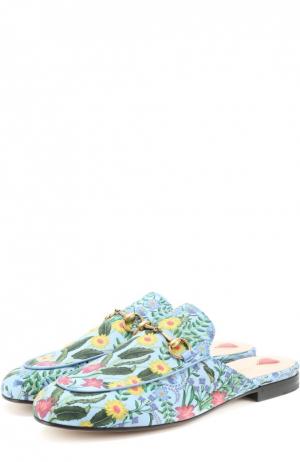 Сабо Princetown из текстиля с цветочным узором Gucci. Цвет: голубой