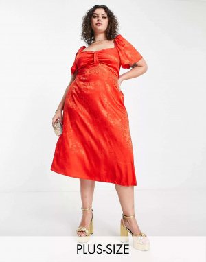 Атласное платье миди с развевающимися рукавами и воланами London Plus красного жаккардового цвета Flounce