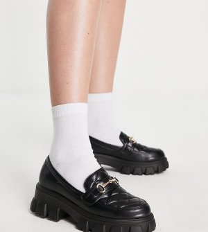 Черные стеганые туфли на плоской массивной подошве для широкой стопы -Черный Glamorous Wide Fit