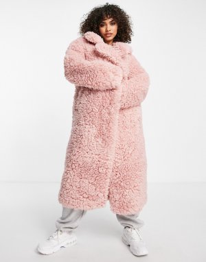 Плюшевое oversized-пальто пыльно-розового цвета -Розовый цвет NA-KD