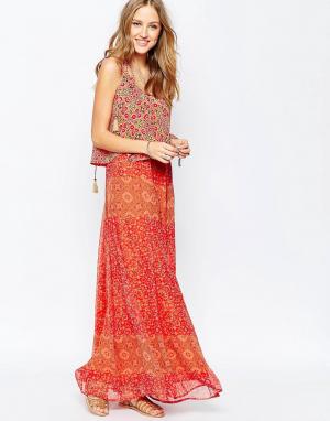 Шелковое платье макси с принтом и юбкой-абажуром Gypsy 05. Цвет: оранжевый