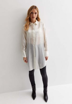 Блузка-рубашка WHITE BURNOUT STRIPE SATIN LONGLINE SHIRT , цвет New Look