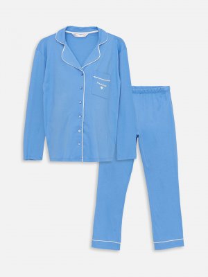 Пижамный комплект для беременных с воротником рубашки и принтом длинными рукавами LCW DREAM, синий Dream