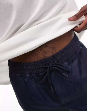 Темно-синие прямые сатиновые брюки с резинкой на талии Topman. Цвет: синий