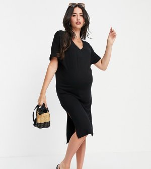 Черное платье-футболка миди с V-образным вырезом -Черный цвет Pieces Maternity