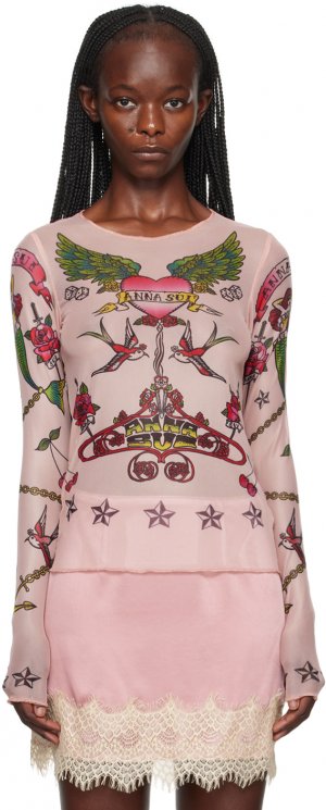 Розовая футболка с длинным рукавом татуировкой Anna Sui