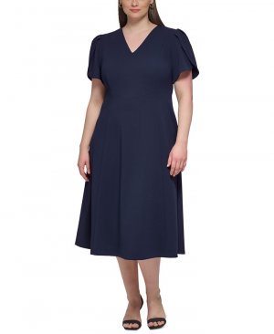 Платье миди больших размеров с рукавами-тюльпанами и V-образным вырезом , синий Calvin Klein