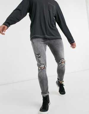 Серые супероблегающие джинсы со рваной отделкой -Серый Bershka