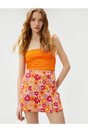 Мини-шорты с цветочным принтом Юбка из смесовой вискозы прямого кроя , оранжевый Koton
