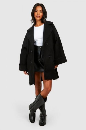 Объемное пальто-кокон из шерстяной ткани Petite boohoo, черный Boohoo